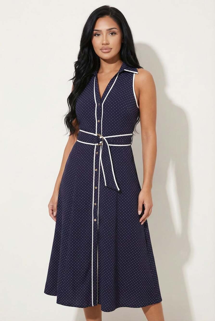 Commense Polka Dot Belted Sleeveless Maxi Dress